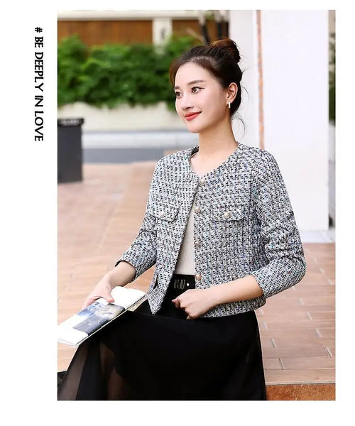 New casual Women Korean Sweet Tweed Jacket Fashion Simple Long Sleeve