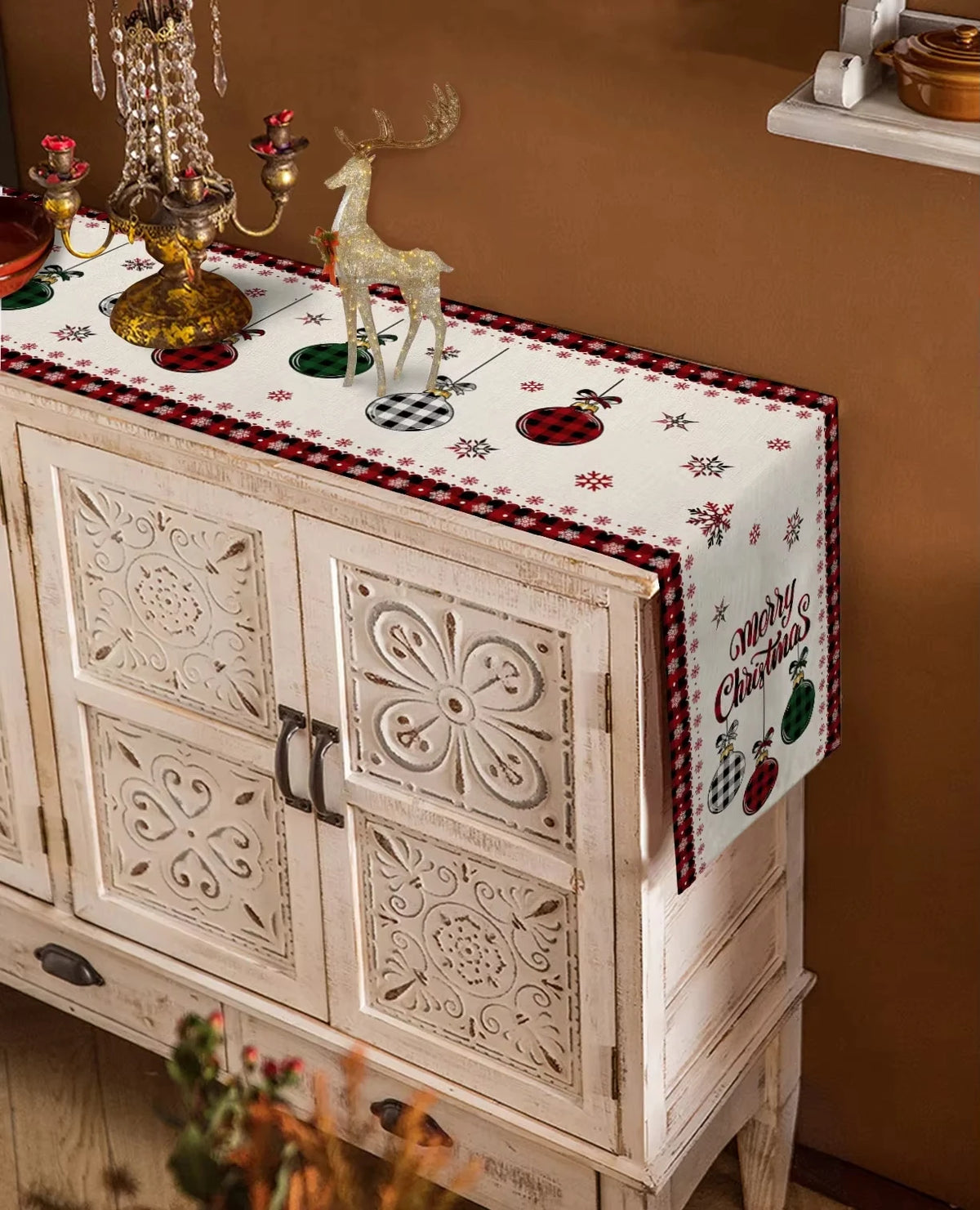 Christmas Plaid Table Runner with Snowflake & Ornament Design, Merry Christmas Holiday Table Decor, Festive Polyester Dining Table Accent for Home, Party & Winter Decor