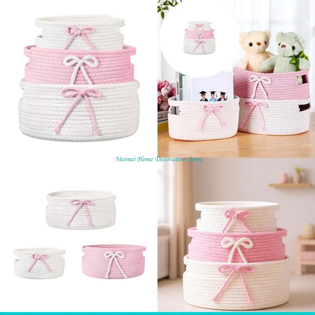 H7BF Set Of 3 Decorative Handwoven Storage Bin Fabric Nesting Basket With Handmade Bowknot Detail for Decoration Organization