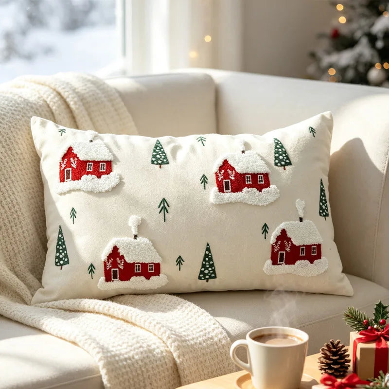 Christmas Throw Pillow Cover 45×45cm, Red Jacquard Embroidered Cushion Cover, Festive Decorative Pillowcase for Sofa, Bed, Chair & Home Holiday Decor