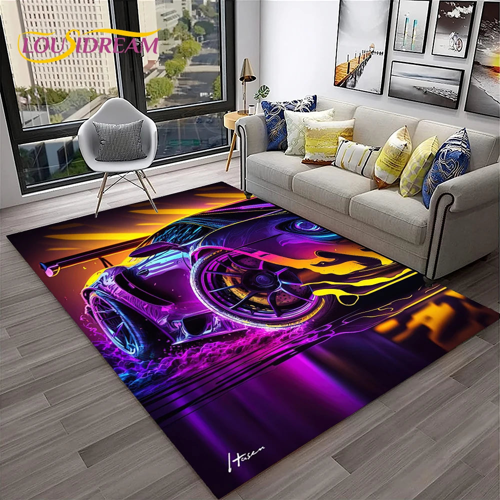 Sports Car Racing Rug, 3D Printed Cartoon Polyester Crystal Velvet Carpet with Non-Woven Backing, Kids Playroom Floor Mat for Bedroom, Living Room & Home Decor