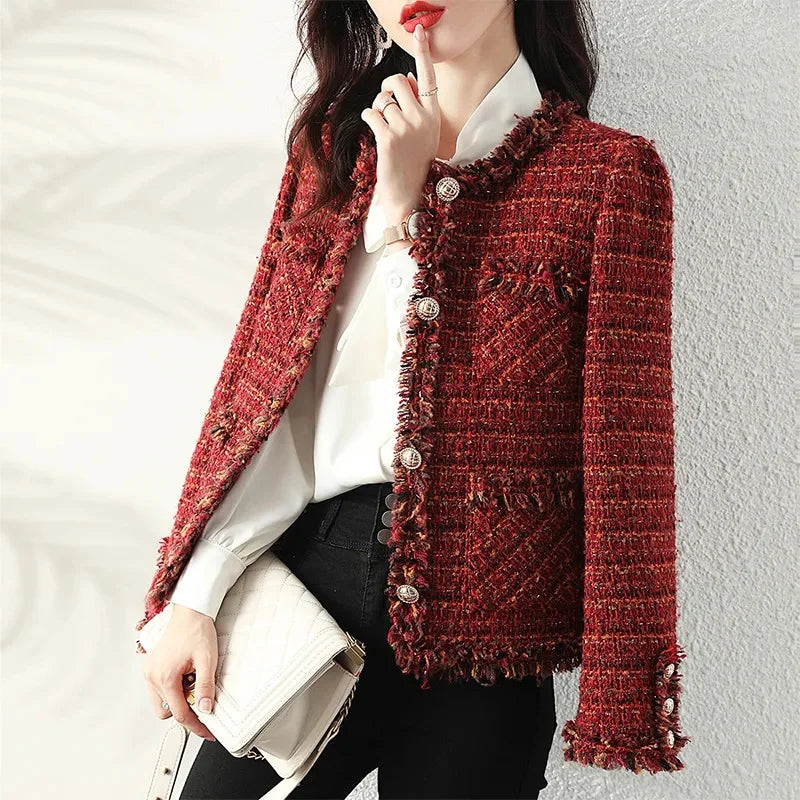 New Autumn Winter Vintage Tweed Jacket Women Small Fragrance Coat Korean Wool Blend Coat Elegant Female Outerwear Mother Clothes