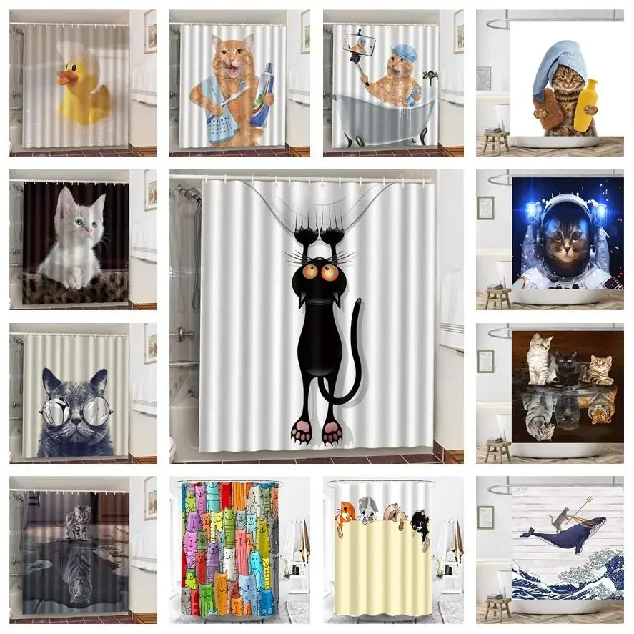 Funny Cat & Dinosaur Shower Curtain, Waterproof 3D Printed Polyester Bathroom Curtain with 12 Hooks, Washable Cartoon Bath Decor, Custom Design Options