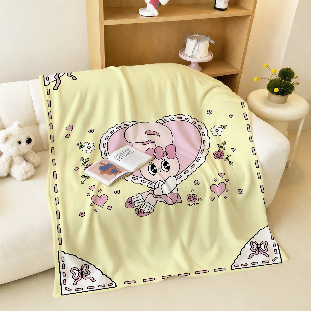 Kawaii Esther Bunny Plush Blanket – Cute Cartoon Rabbit Flannel Throw, Soft Printed Blanket for Sofa, Bed, Travel & Gifts