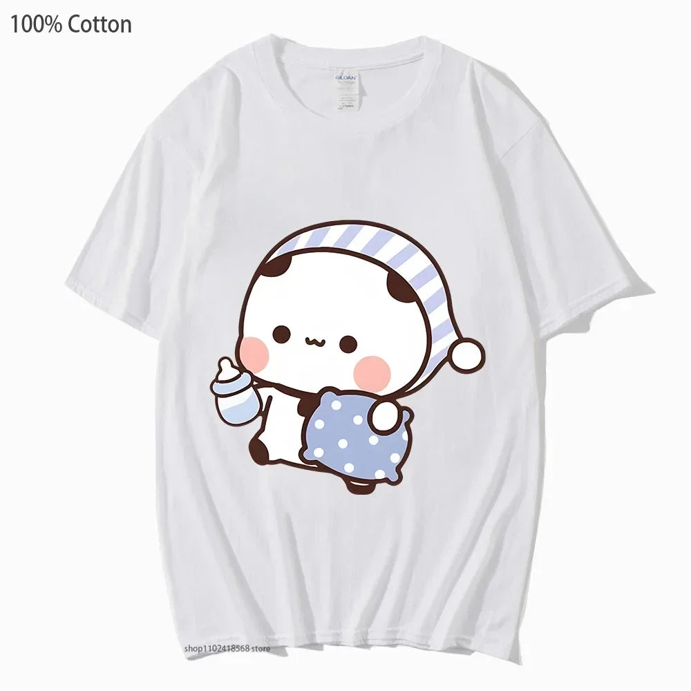 Couple Shirts Kawaii Cute BuBu Panda Going To Sleep with DuDu Bear Graphic Tshirt Cotton Men Women Clothes Long Sleeve Tees
