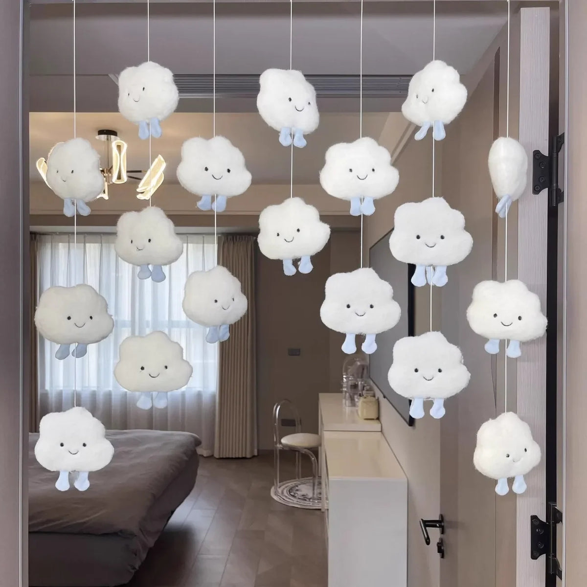 Cute Cream Cloud Door Curtain, Hanging Room Divider with Cloud Design, Polyester Decorative Curtain for Children’s Bedroom, Nursery & Home Decor