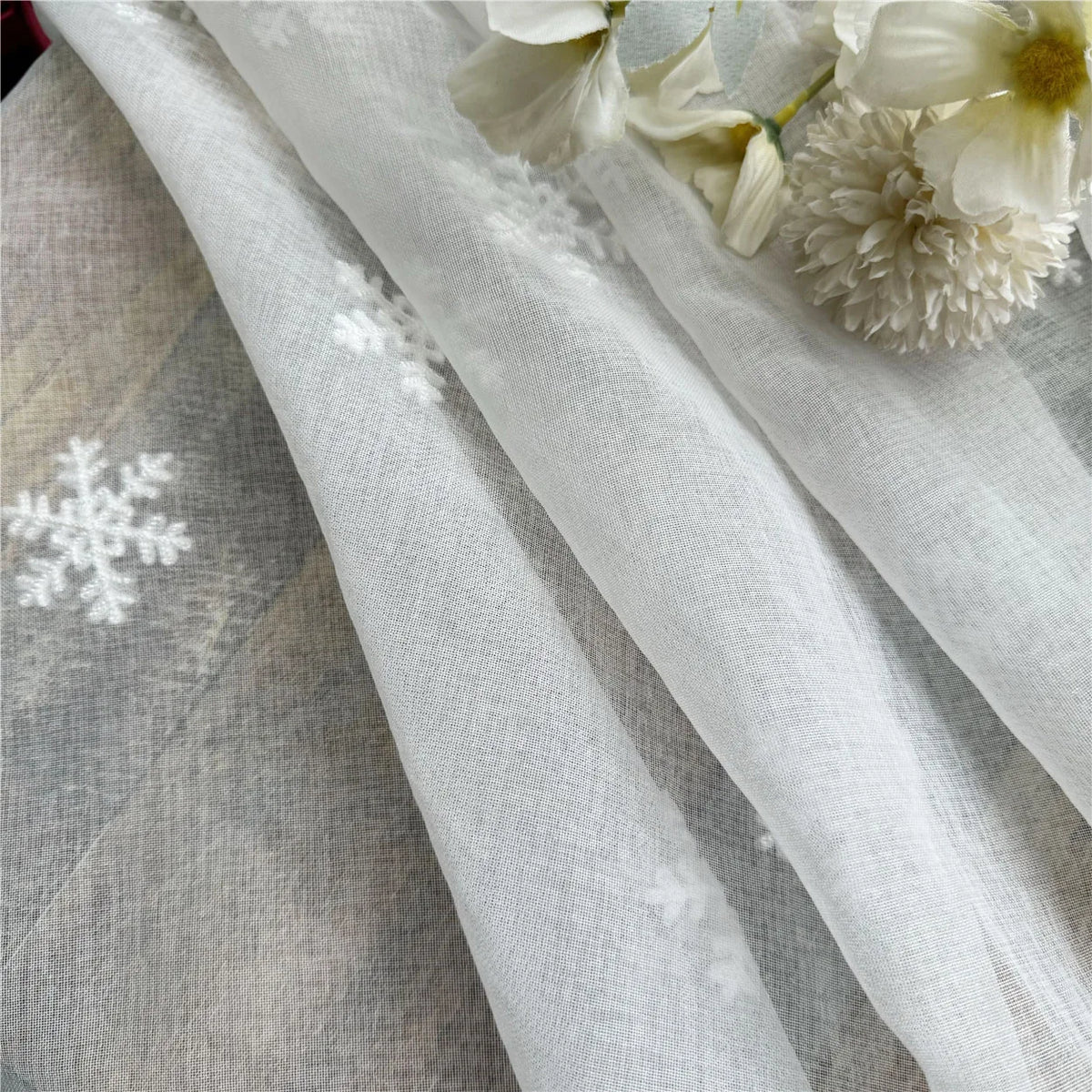 Christmas Snowflake Embroidered Tulle Curtain, White Romantic Imitation Linen Sheer Window Drapes, Elegant Translucent Curtain for Living Room, Bedroom & Holiday Decor