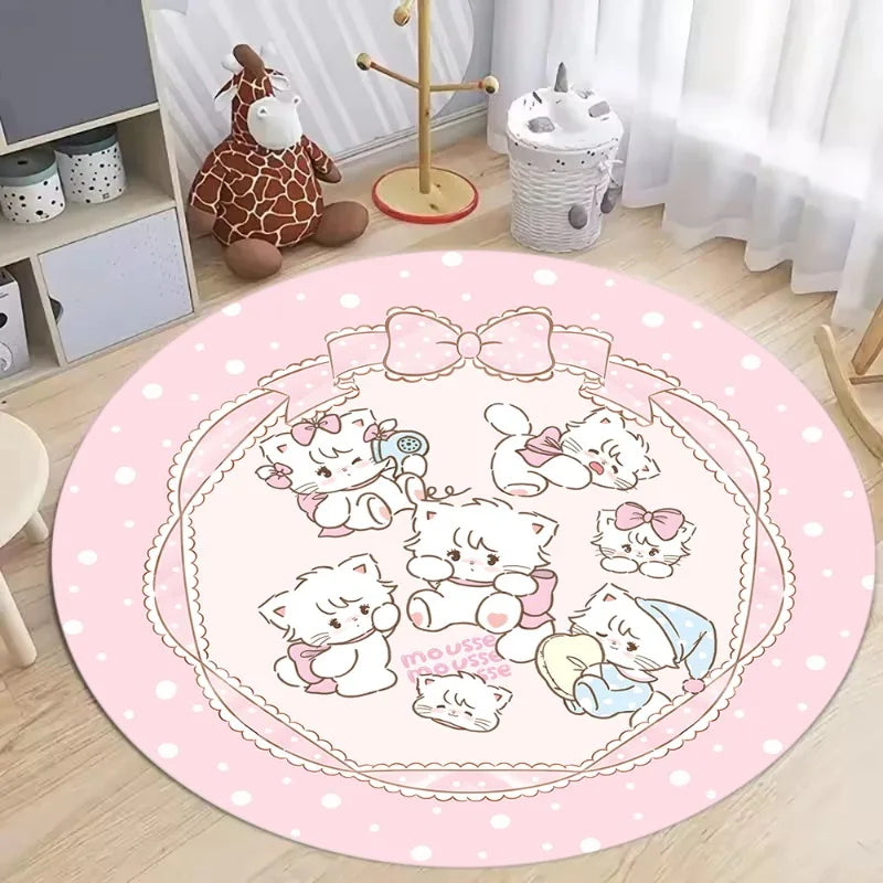 Round Pink Dot Cartoon Cat Rug, Cute Polyester Flannel Floor Mat with Non-Slip PP Backing, Modern Decorative Carpet for Living Room, Bedroom & Home Decor