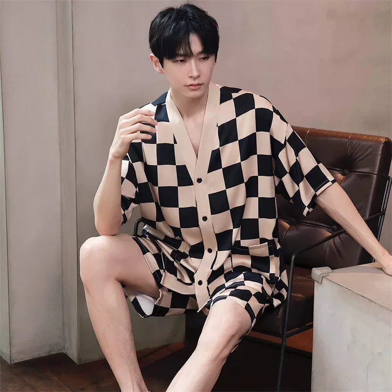 2026 Spring Autumn Fashion Square Couple Ice Silk Pajamas Women Short Sleeve Pants Two Piece Set Nightgown Sleepwear Homesuit