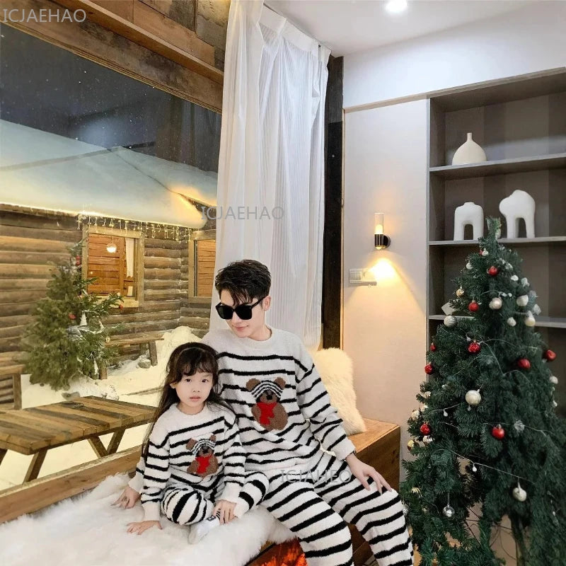 Family Matching Pajamas Set Children Homewear Sleepwear Two-Piece Loungewear Striped Bear Print Mom Dad and Kids Adult Winter