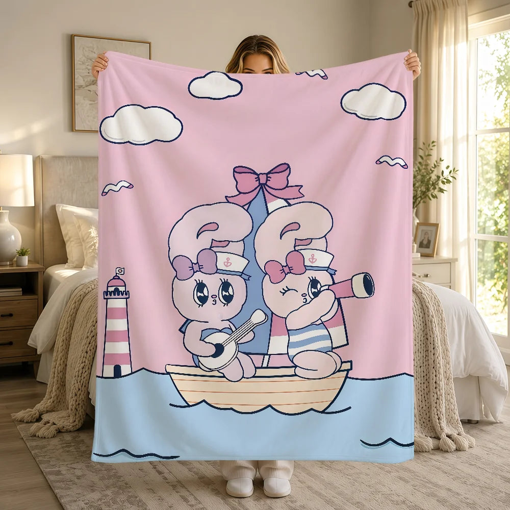 Kawaii Esther Bunny Plush Blanket – Cute Cartoon Rabbit Flannel Throw, Soft Printed Blanket for Sofa, Bed, Travel & Gifts