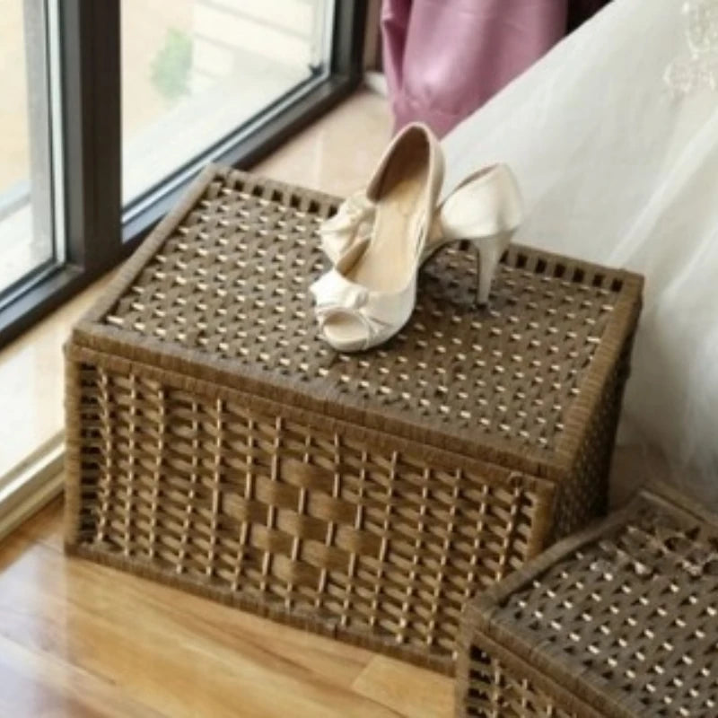Handmade Woven Rattan Storage Basket with Lid Multipurpose Desktop Organizer Box Rectangular Bamboo Bin for Office Decor