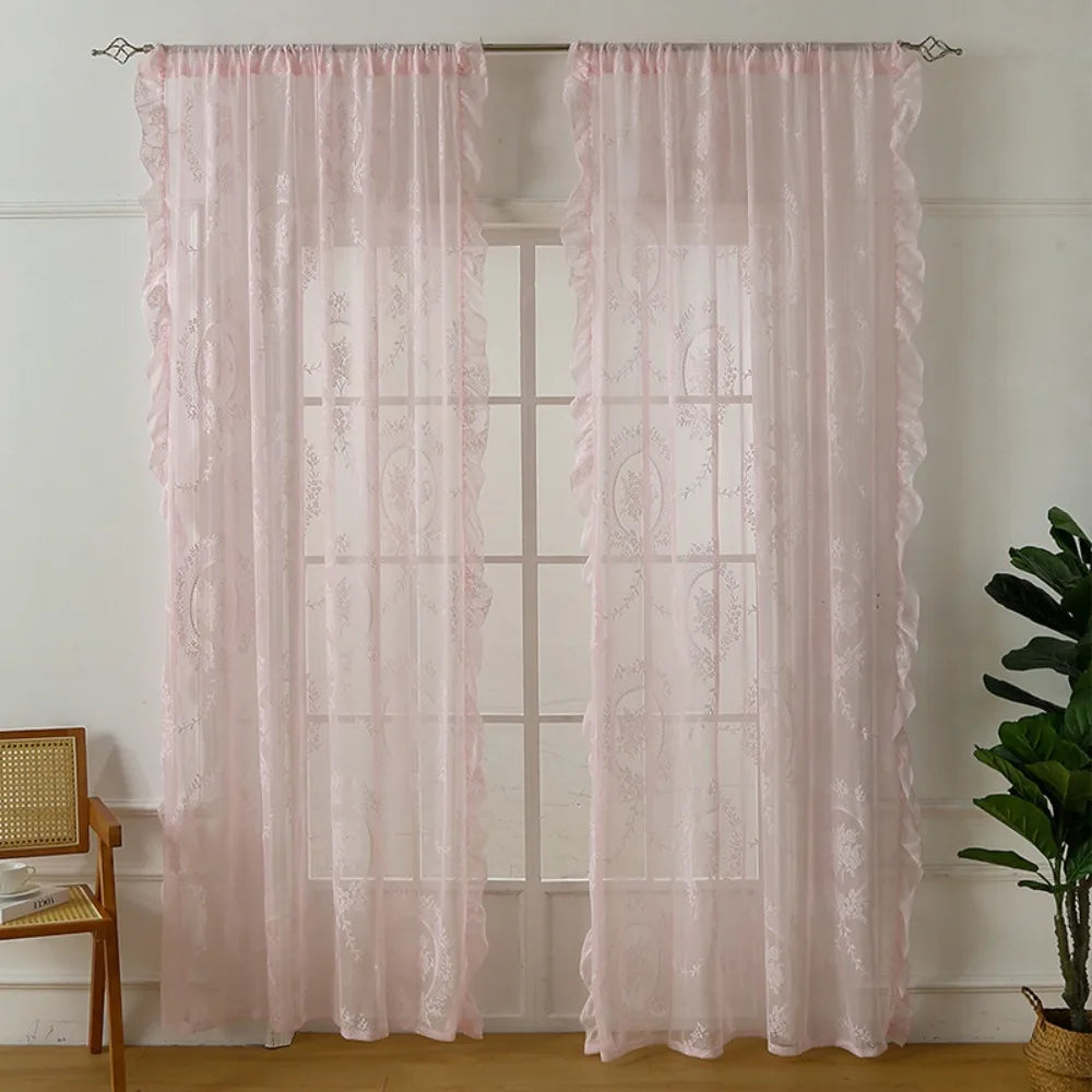 2-Piece French Lace Sheer Curtains, Ruffled Edge Floral Embroidered Polyester Curtains, Rustic Retro European Window Drapes for Bedroom, Living Room & Home Decor