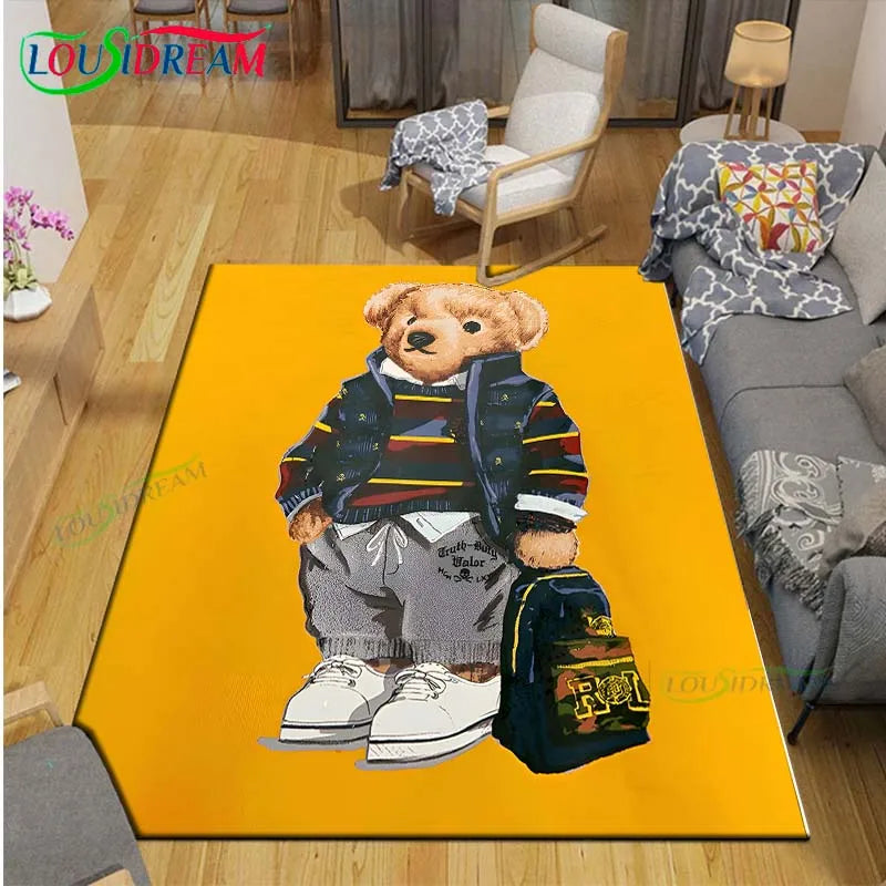 Cute Bear Cartoon Area Rug, 3D Printed Polyester Crystal Velvet Carpet with Non-Woven Backing, Kids Bedroom & Living Room Mat for Playroom, Home & Decor