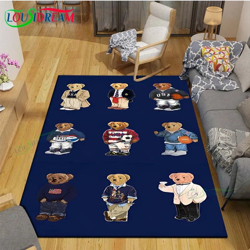 Cute Bear Cartoon Area Rug, 3D Printed Polyester Crystal Velvet Carpet with Non-Woven Backing, Kids Bedroom & Living Room Mat for Playroom, Home & Decor