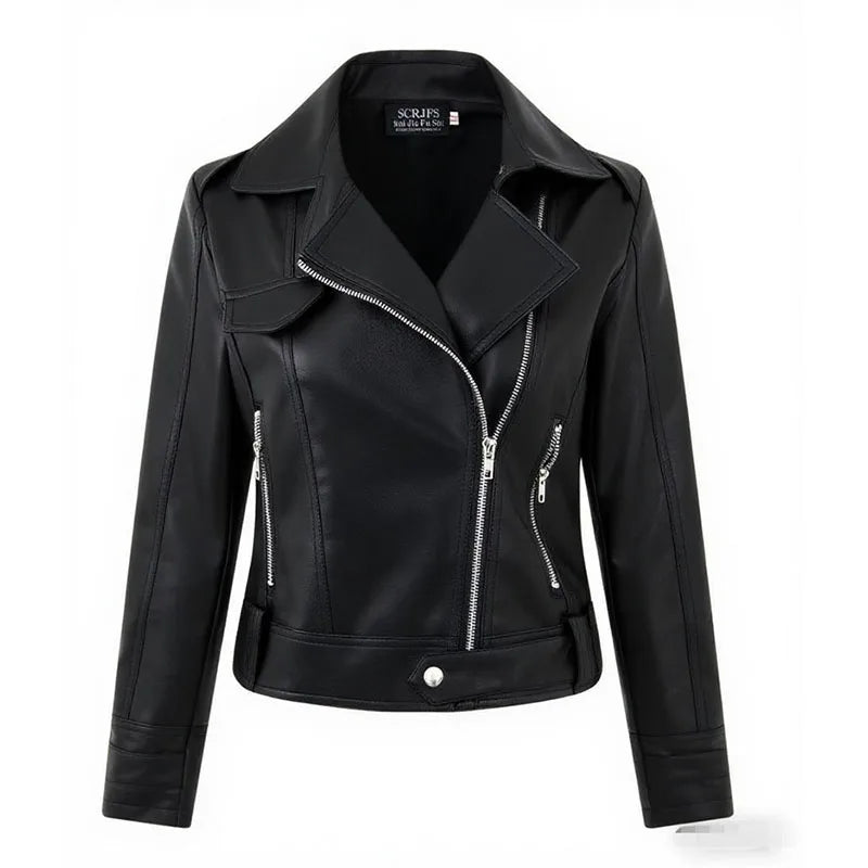 100% Women's Short PU Leather Motorcycle Jacket – Korean-Inspired Slim-Fit Jacket for Spring & Autumn