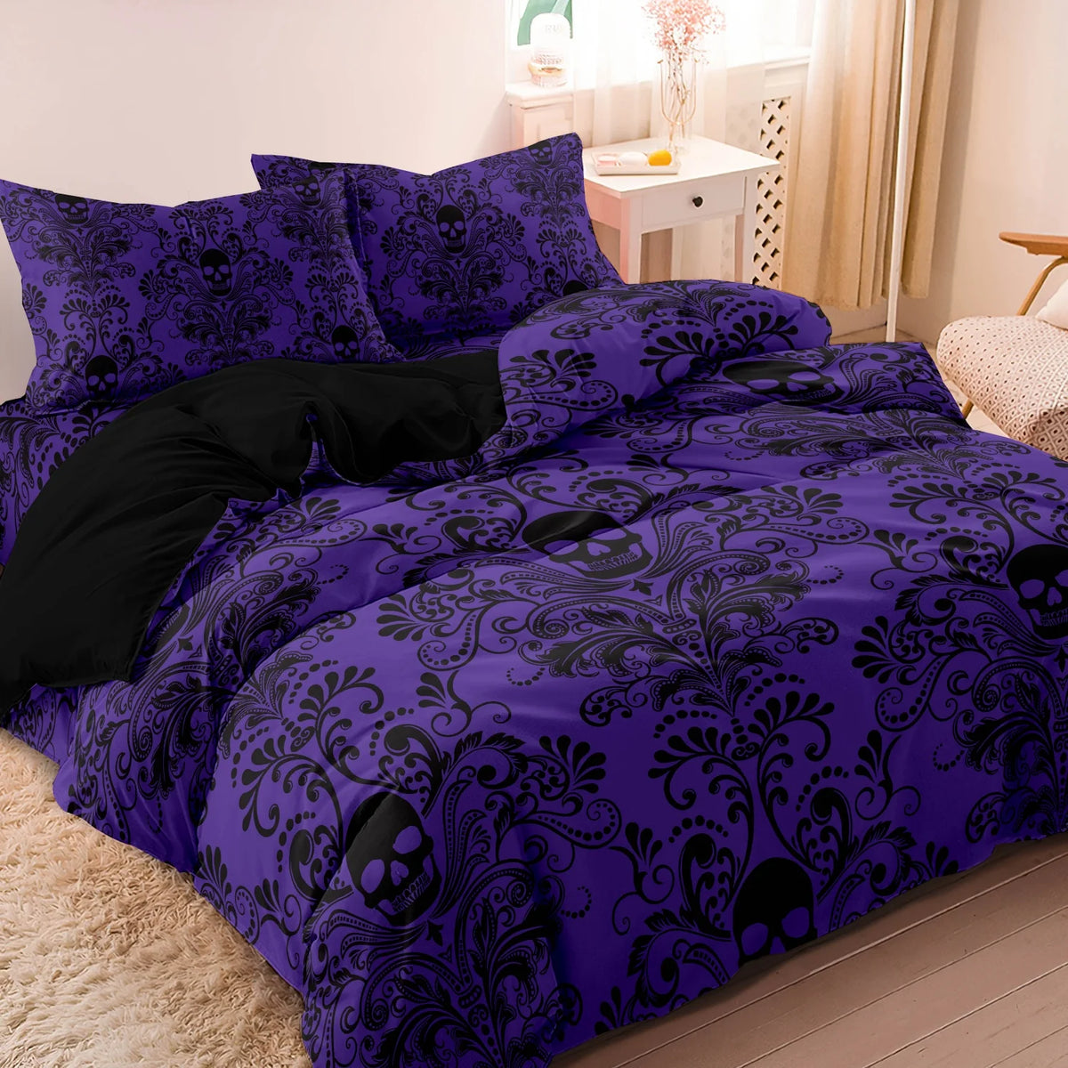 Gothic Skull Duvet Cover Set – 3-Piece Printed Bedding with Pillowcases, Dark Alternative Bedroom Decor for Adults