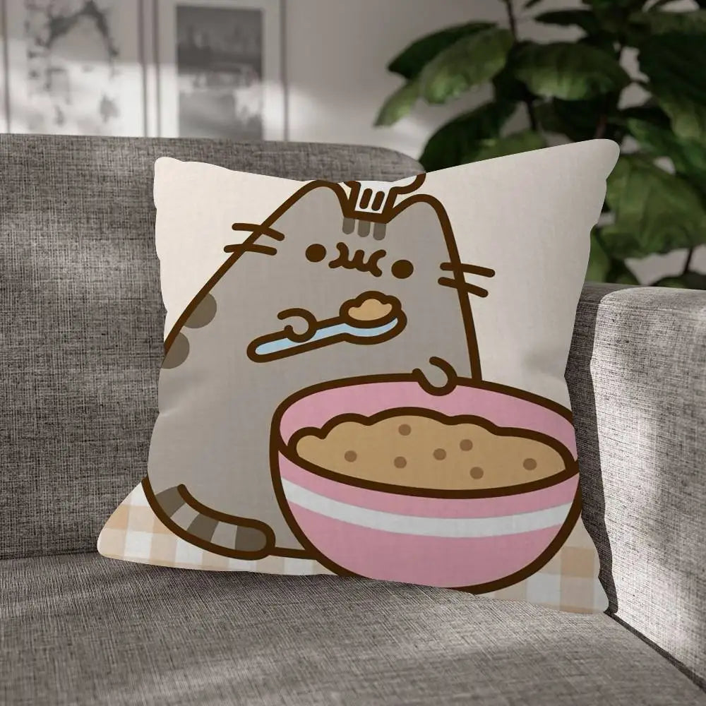 Pusheen Cartoon Cushion Cover, Cute Anime Printed Polyester Pillowcase, Decorative Throw Pillow Cover for Sofa, Bed, Bedroom, Kids’ Room & Home Decor