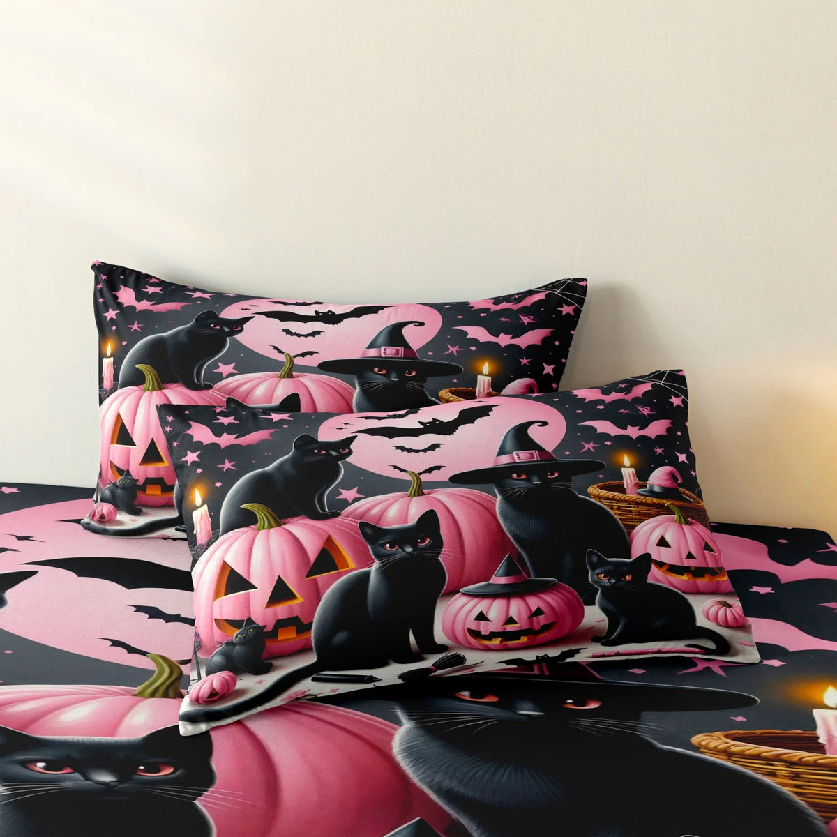 3-Piece Pastel Halloween Duvet Cover Set – Cute Black Cat, Pink Pumpkin, Bat, Moon & Star Printed Bedding