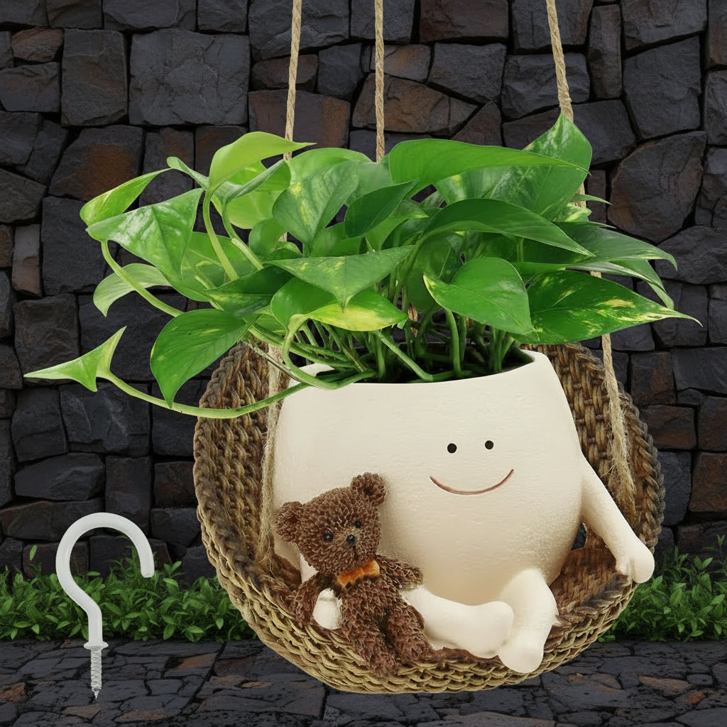 Cute Face Hanging Planter Pot, Swinging Succulent Pot with Drainage Hole, Resin Hanging Plant Holder with Rope & Hook for Indoor, Outdoor, Garden & Home Decor