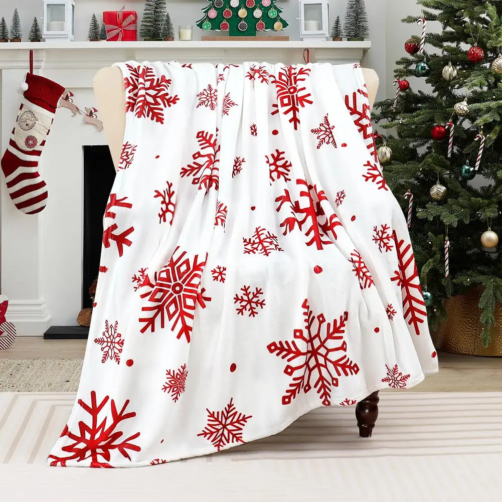 Christmas Throw Blanket, Red Snowflake Printed Flannel Fleece Blanket, Super Soft Plush Fuzzy Winter Blanket for Bed, Sofa, Couch & Holiday Home Decor