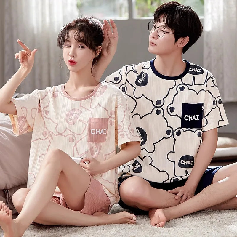 Cartoon Cute Bear Nightwear for Couples Summer Short Sleeves Shorts Sleepwear Women and Men Matching Homewear Young Boy Girl Pjs