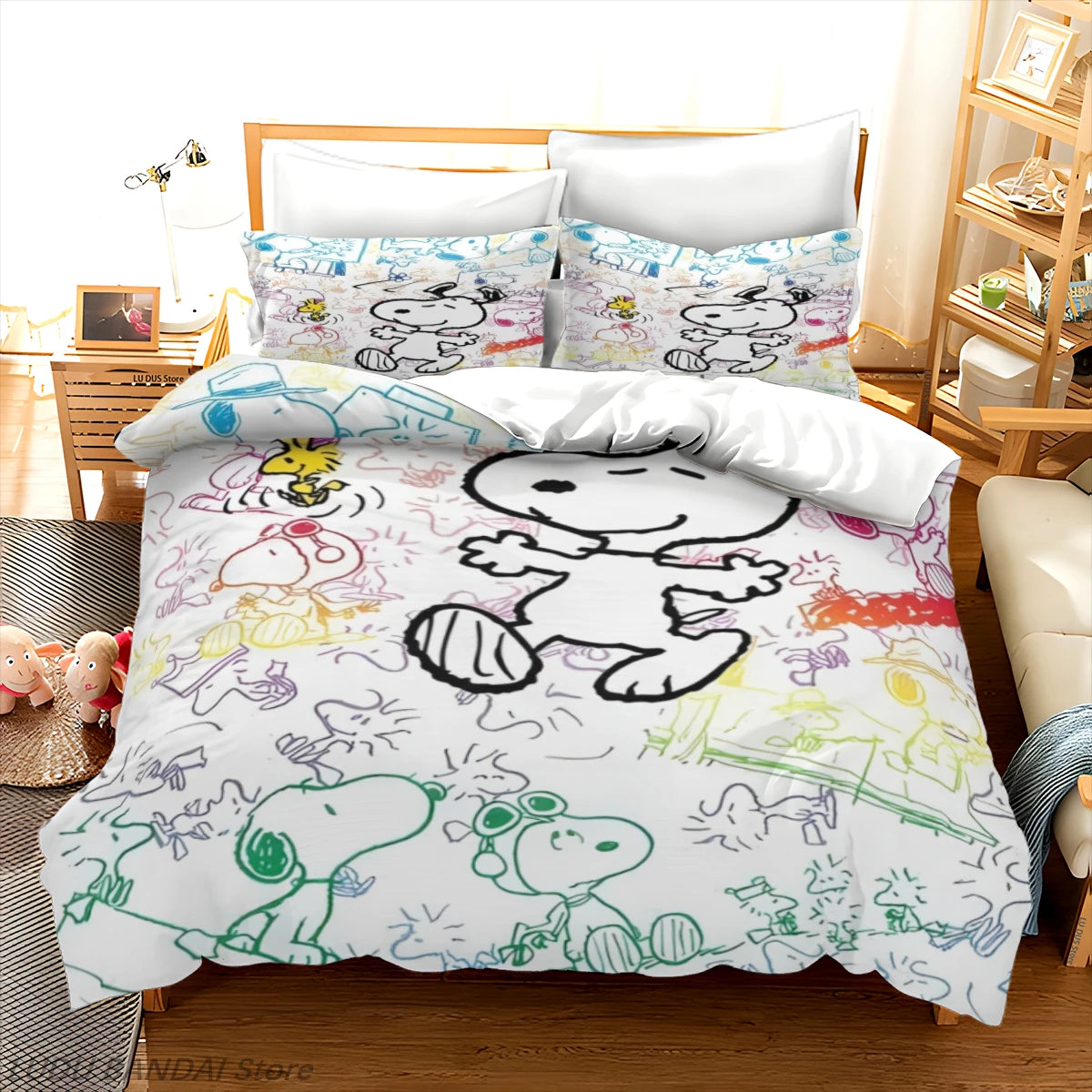 Snoopy Cartoon Bedding Set – Cute Printed Duvet Cover & Quilt Cover with Pillowcases, 3-Piece Twin Bedding Set
