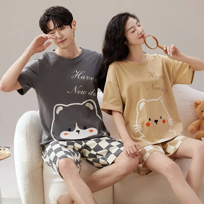 Couples Home Suit Women's Sleepwear Suit Man's Pajamas Set Cotton Short Sleeves Sleep Tops Shorts Pyjamas Nightwear Mujer Homme