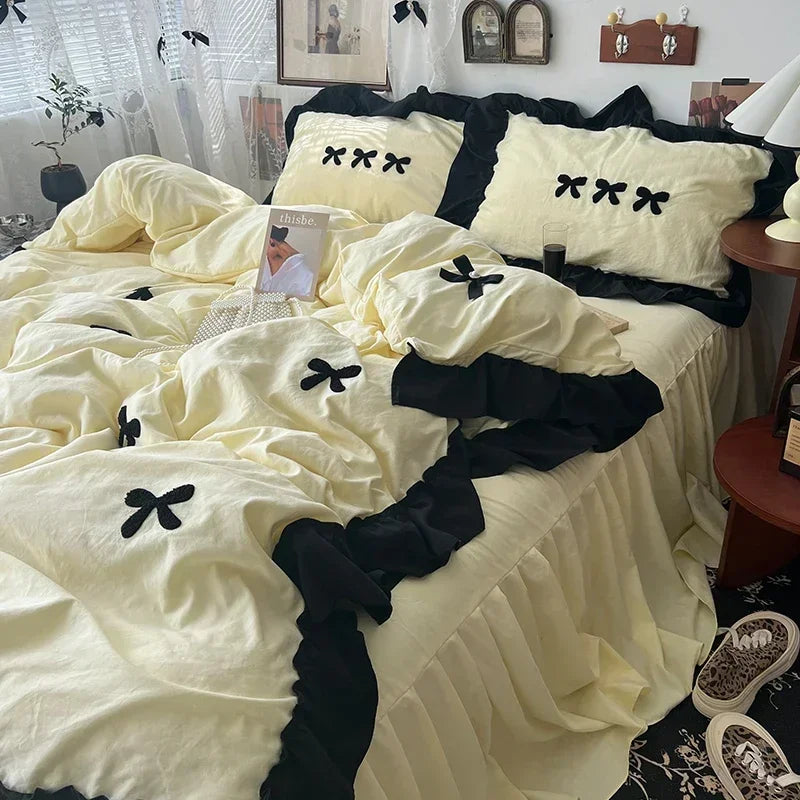 Black Bow Cotton Bedding Set – Princess Style Washed Cotton Duvet Cover with Embroidered Bow, Flat Sheet & Pillowcases