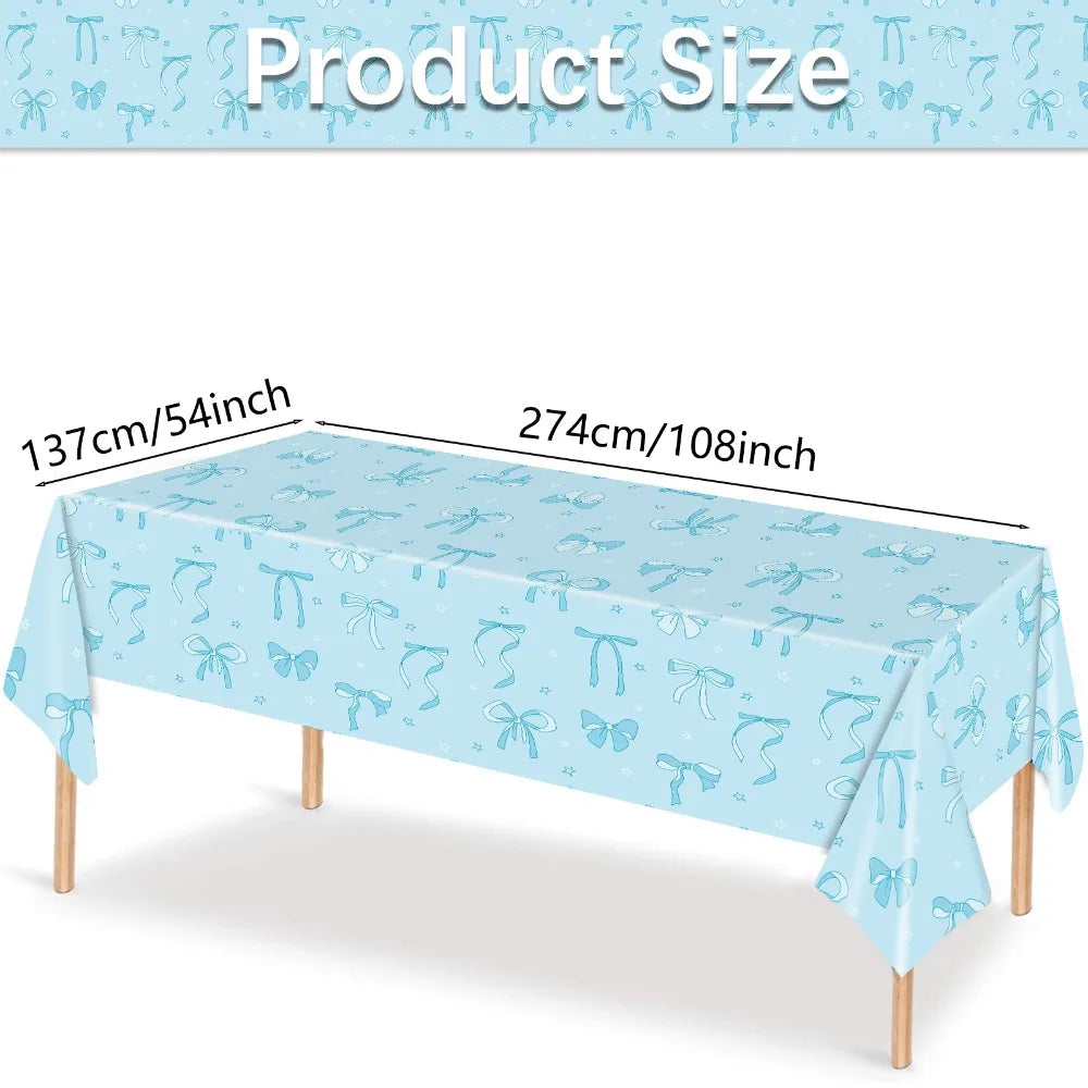 Cute Bow Birthday Tablecloth 137×274cm, Disposable Waterproof Plastic Table Cover for Birthday Party, Baby Shower, Wedding & Celebration Dining Table Decor