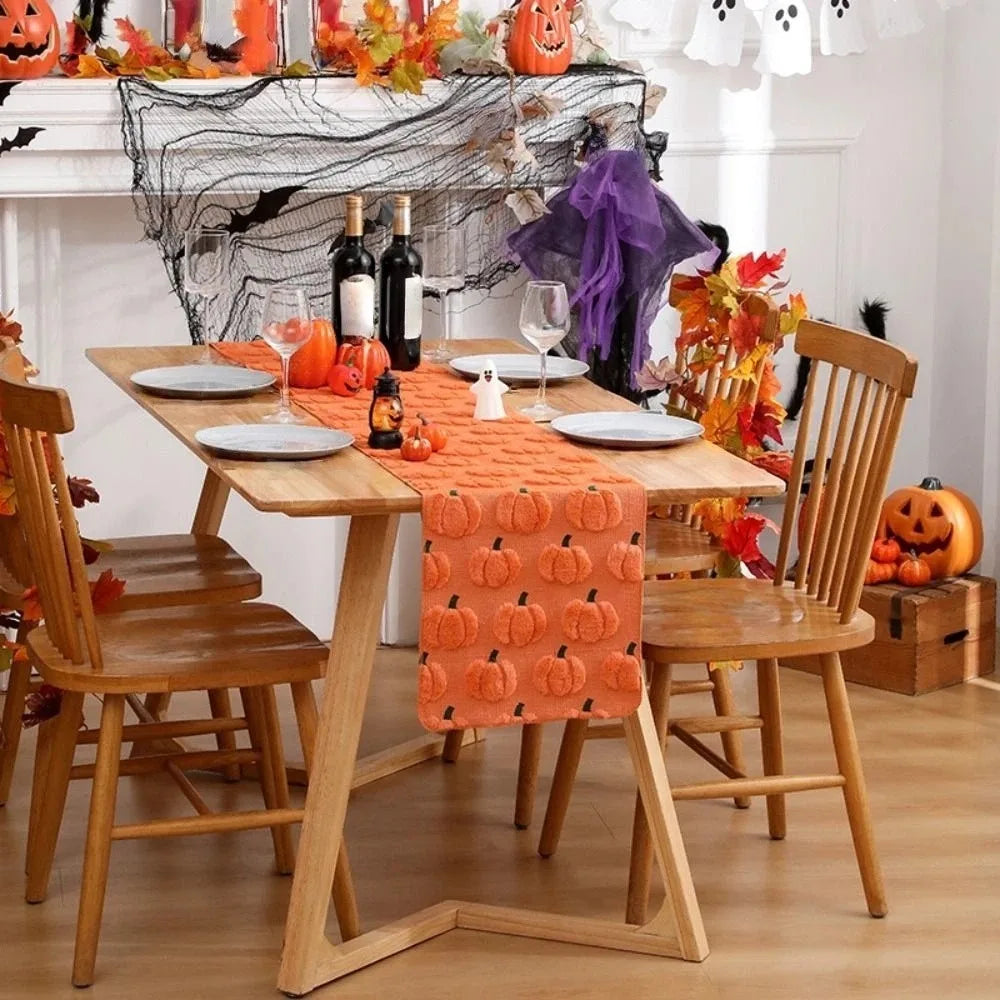 Halloween Pumpkin Table Runner 33×183cm, Soft 3D Tufted Polyester Table Cover, Rectangular Fall Dining Table Decor for Halloween Party, Kitchen & Home