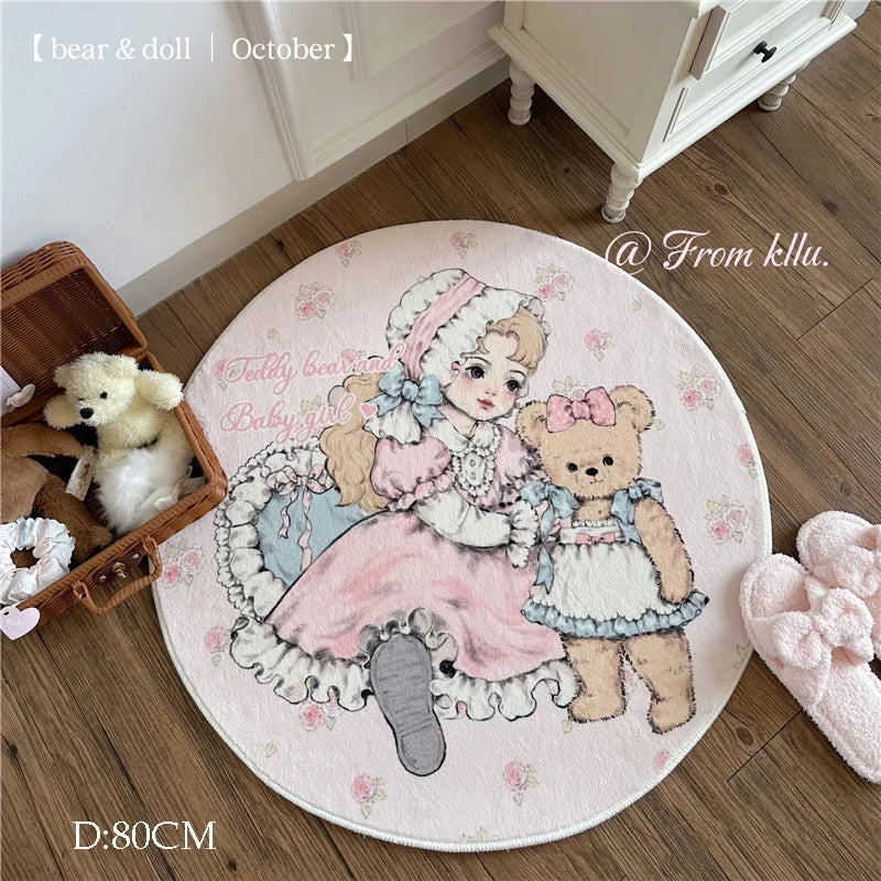 Cute Cartoon Bear Rug, Kawaii Round & Rectangular Plush Carpet with PVC Anti-Slip Backing, Soft Polyester Bedside Floor Mat for Bedroom, Living Room & Home Decor