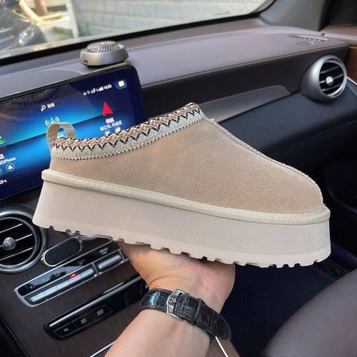 Women's Genuine Suede Furry Platform Slides – Cozy Slip-On Mules with Soft Fur Lining, Casual Indoor & Outdoor Shoes