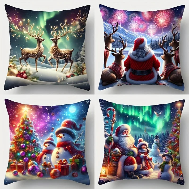 Christmas Decorative Cushion Cover with Santa, Reindeer & Snowman Print, Festive Throw Pillowcase for Sofa, Bedroom, Car & Holiday Home Decor