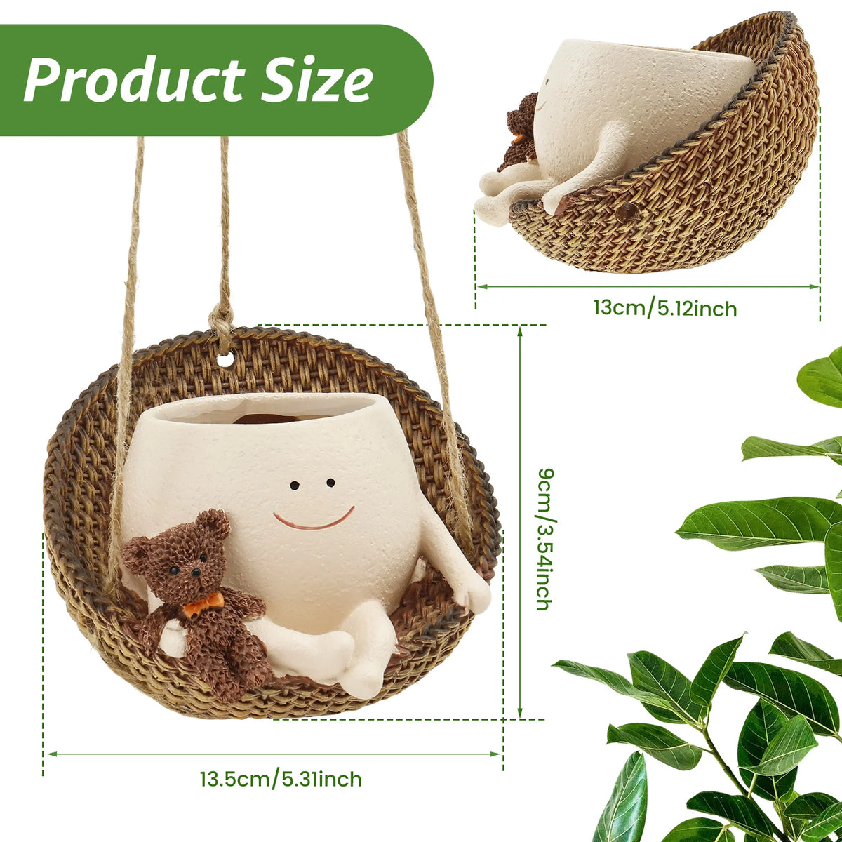 Cute Face Hanging Planter Pot, Swinging Succulent Pot with Drainage Hole, Resin Hanging Plant Holder with Rope & Hook for Indoor, Outdoor, Garden & Home Decor