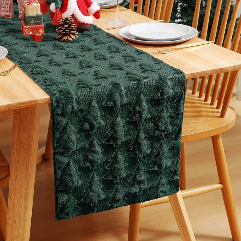 Christmas Tree Table Runner 33×183cm – Plush Embroidered & Embossed Holiday Tablecloth for Dining Table, Festive Home Decor