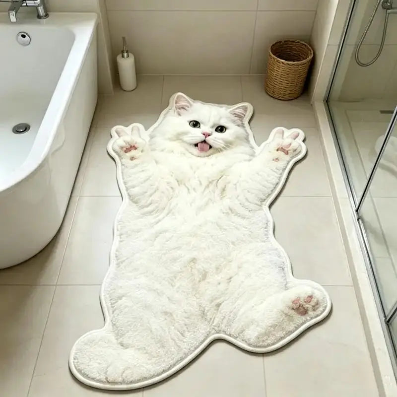 Cat-Shaped Area Rug, Cute Cartoon Crystal Velvet Floor Mat with Suede Backing, Soft Absorbent Decorative Carpet for Bedroom, Living Room, Kids’ Room & Entryway