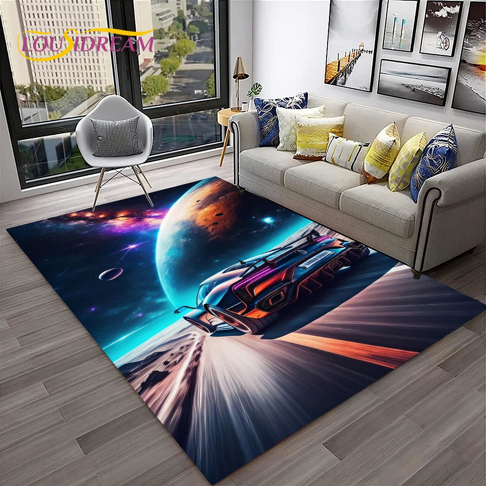 Sports Car Racing Rug, 3D Printed Cartoon Polyester Crystal Velvet Carpet with Non-Woven Backing, Kids Playroom Floor Mat for Bedroom, Living Room & Home Decor