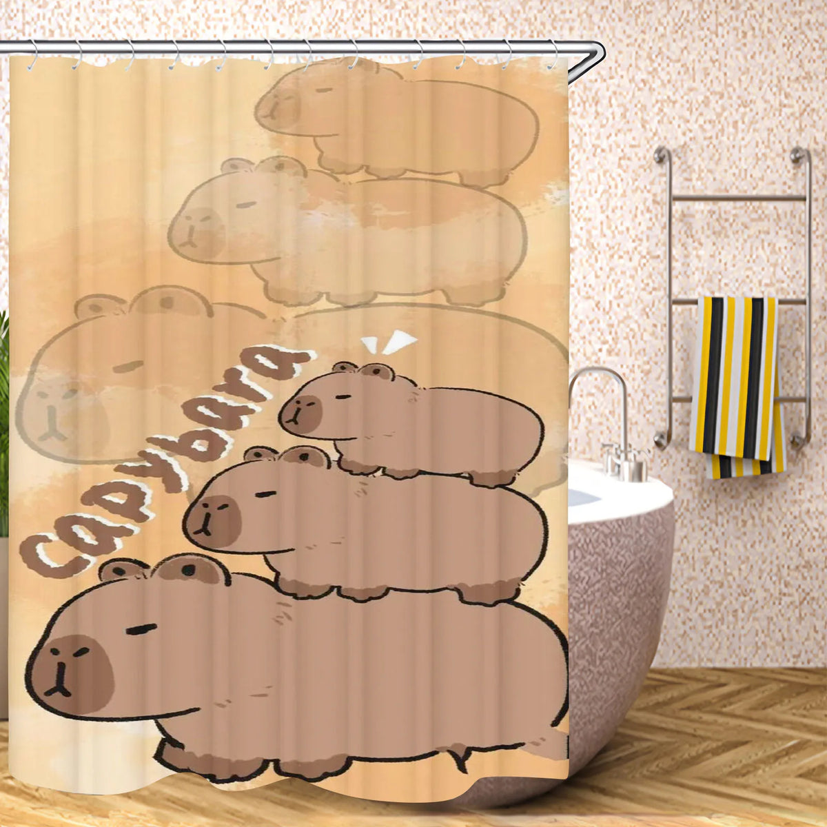 Cute Capybara Shower Curtain, Funny Cartoon Waterproof Bathroom Curtain with Plastic Hooks, 100% Polyester Mildew-Resistant Curtain for Modern Bathroom Decor