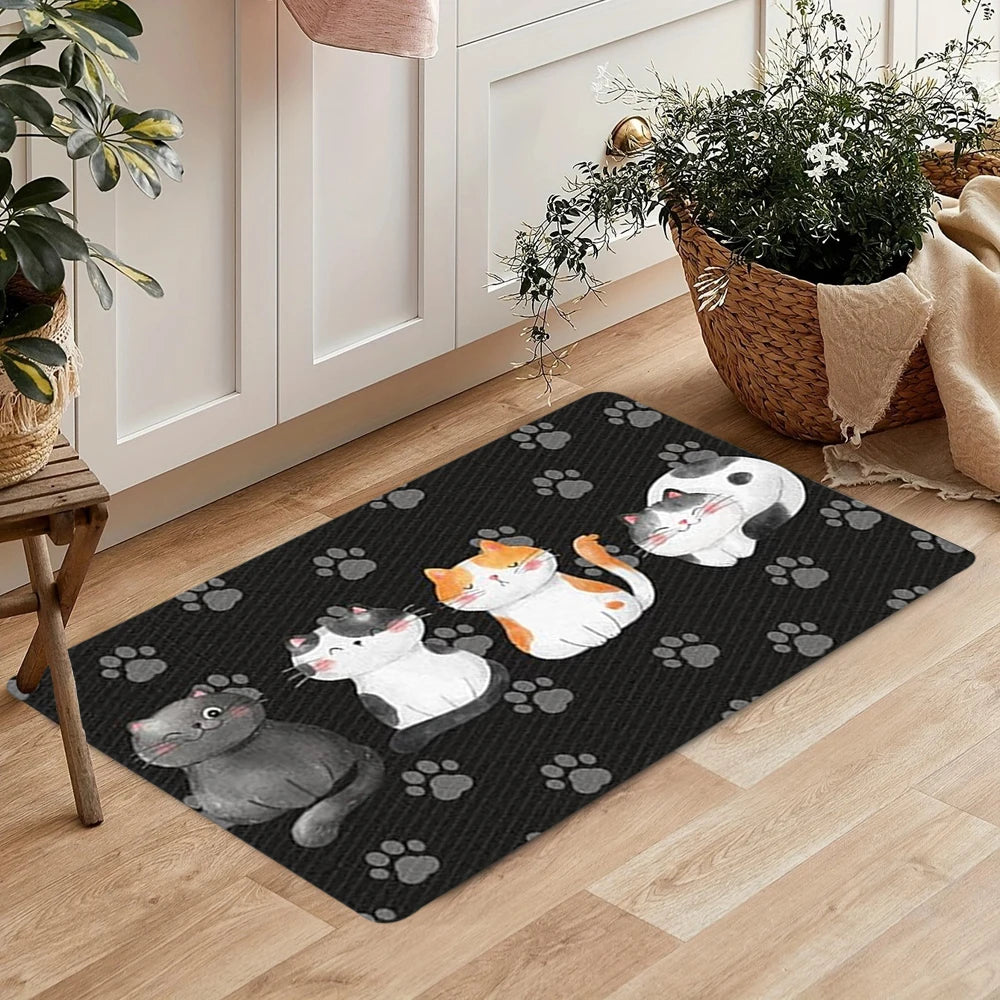Cute Cartoon Cat Doormat 30×50cm & 40×60cm, Soft Polyester Flannel Rug with Anti-Slip Backing, Persian-Style Floor Mat for Living Room, Bedroom, Bathroom & Entryway
