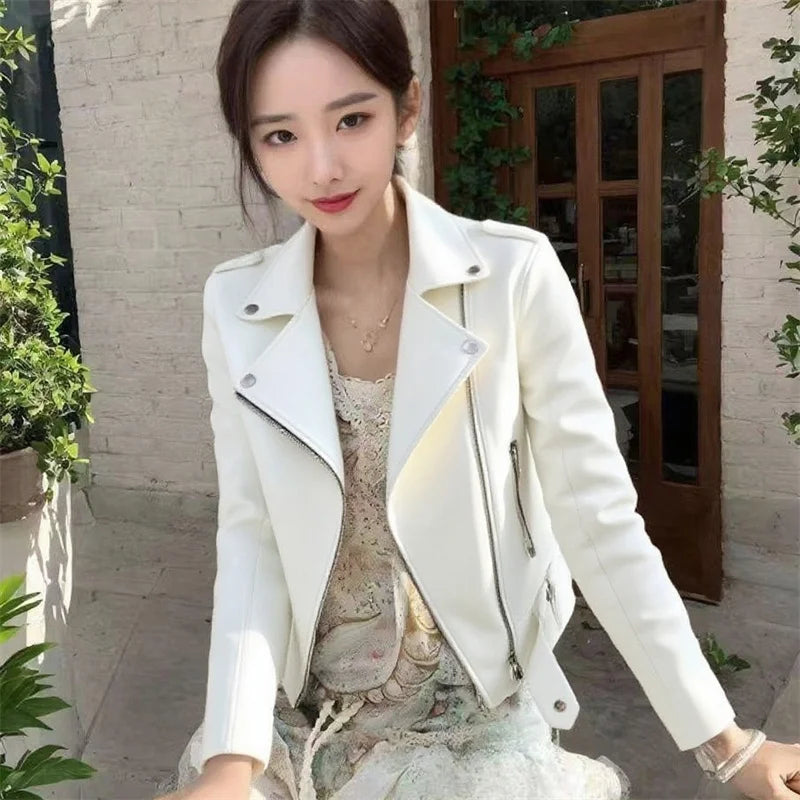100% Women's Short PU Leather Motorcycle Jacket – Korean-Inspired Slim-Fit Jacket for Spring & Autumn