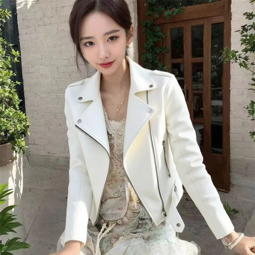 100% Women's Short PU Leather Motorcycle Jacket – Korean-Inspired Slim-Fit Jacket for Spring & Autumn