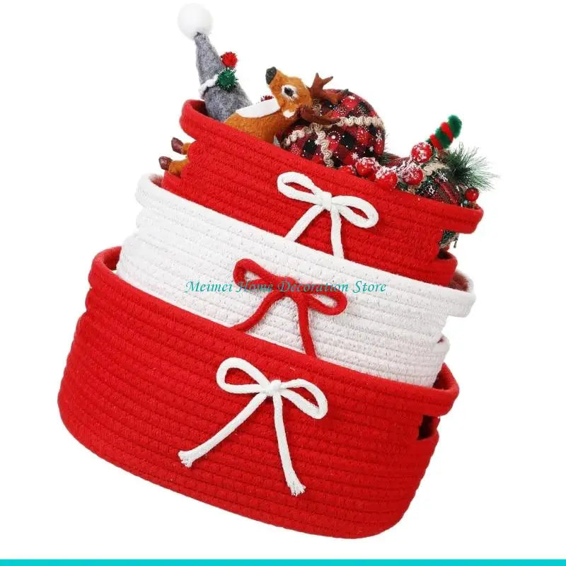 H7BF Set Of 3 Decorative Handwoven Storage Bin Fabric Nesting Basket With Handmade Bowknot Detail for Decoration Organization