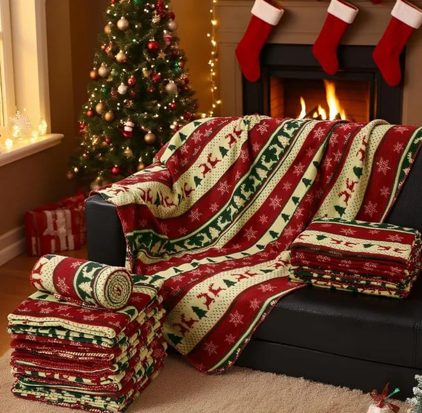 Christmas Throw Blanket, Soft Sherpa & Flannel Fleece Holiday Blanket with Cartoon Jacquard Design, Cozy Winter Throw for Sofa, Bed, Travel & Home Decor