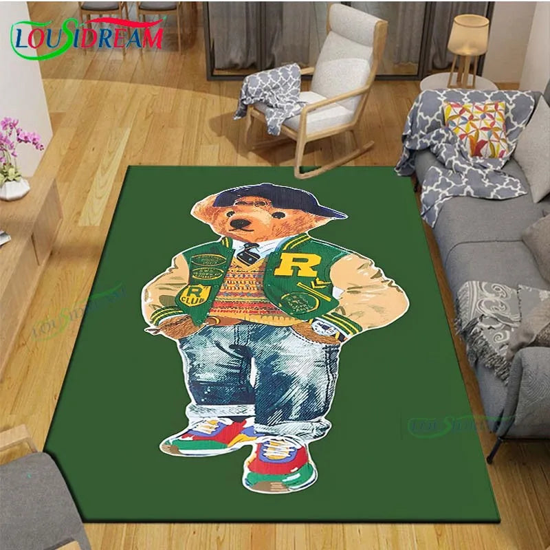 Cute Bear Cartoon Area Rug, 3D Printed Polyester Crystal Velvet Carpet with Non-Woven Backing, Kids Bedroom & Living Room Mat for Playroom, Home & Decor