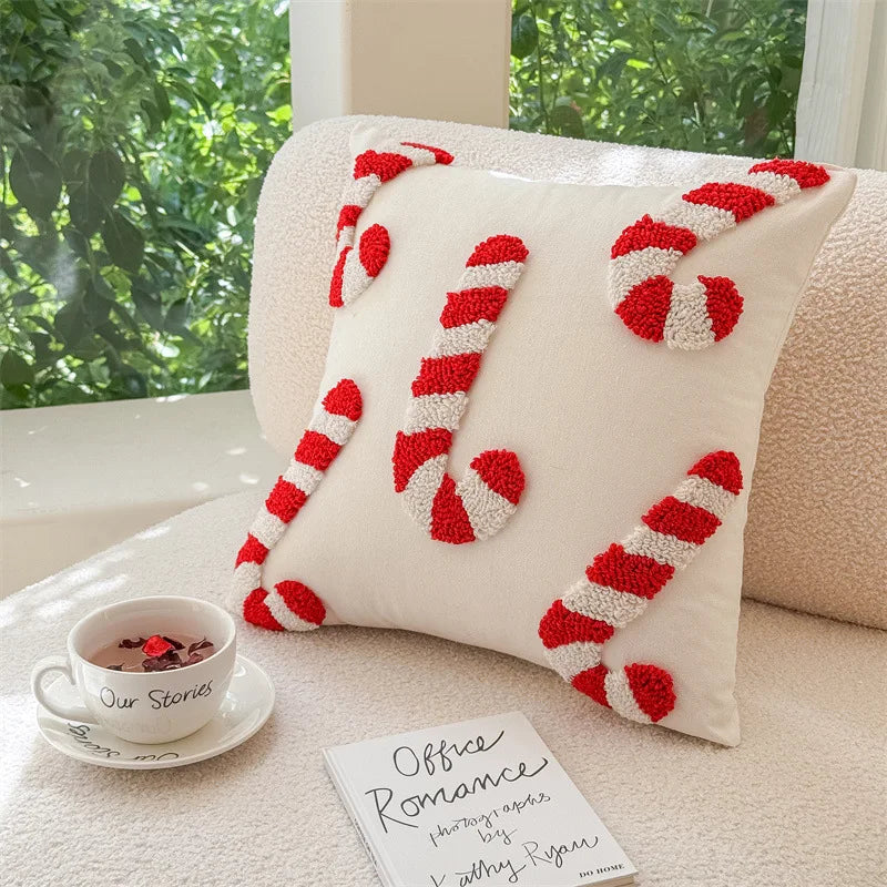 Christmas Tufted Cushion Cover 45×45cm, Red & White 3D Candy Cane & Santa Hat Embroidered Pillowcase, Festive Holiday Throw Pillow Cover for Sofa, Chair, Car & Home Decor