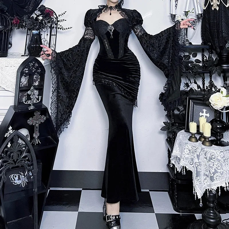 Halloween Cosplay Costume Dark Slimming Trumpet Sleeve Long Dress Gothic Theme Party Role Playing Outfits for Adult Women