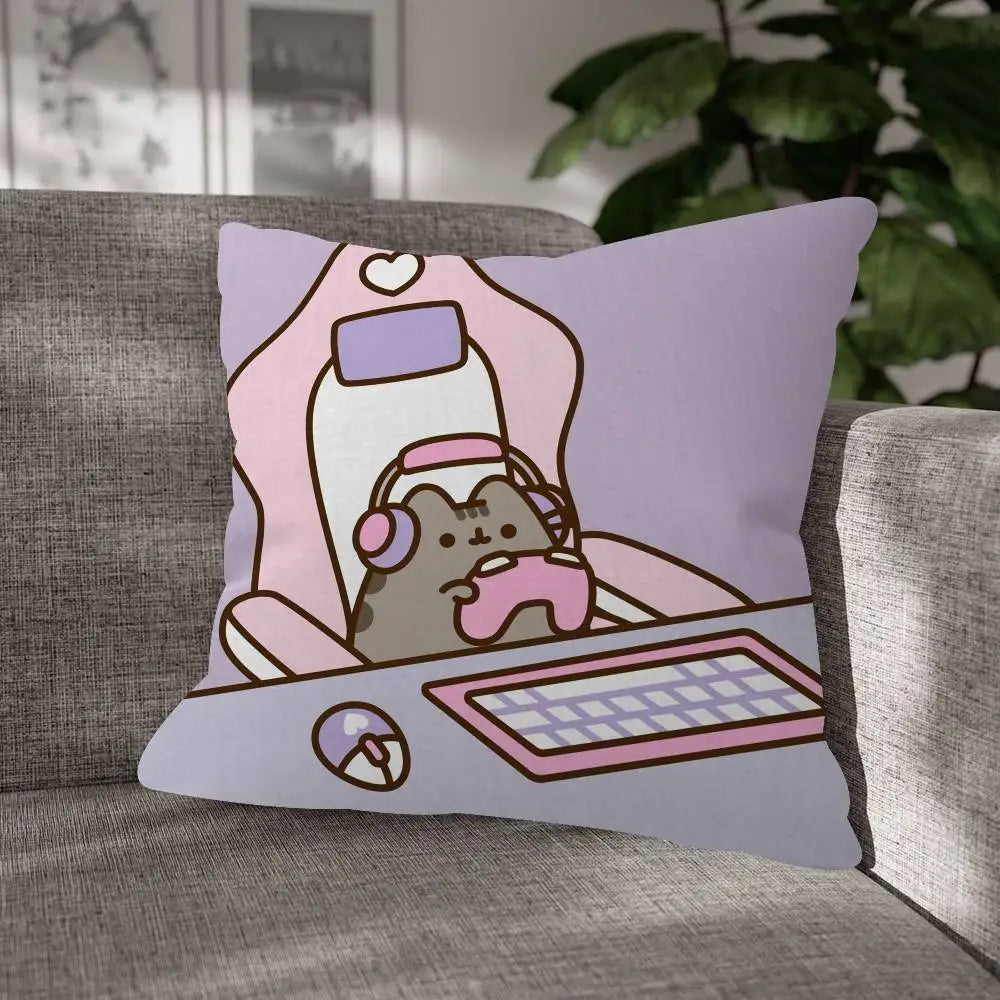 Pusheen Cartoon Cushion Cover, Cute Anime Printed Polyester Pillowcase, Decorative Throw Pillow Cover for Sofa, Bed, Bedroom, Kids’ Room & Home Decor