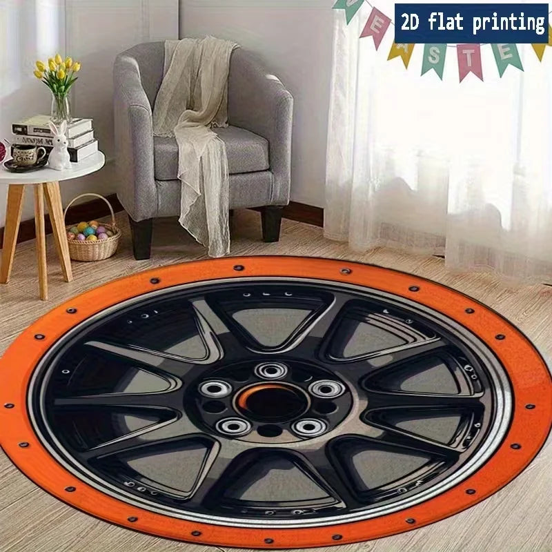 Large Round Cartoon Area Rug, Red Accent Flannel-Style Polyester Carpet with Non-Slip Backing, Modern Decorative Floor Mat for Living Room, Bedroom & Office