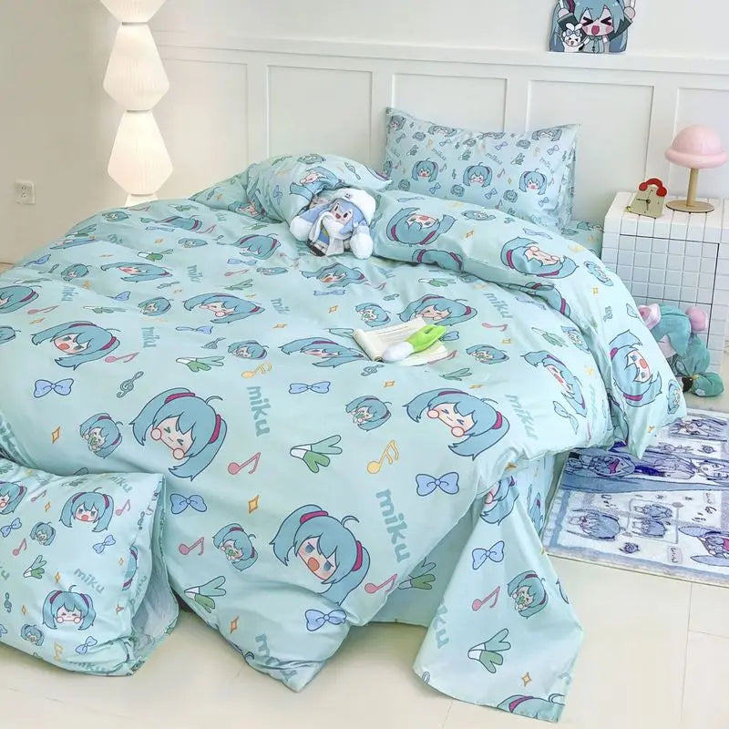 Miku Anime Bedding Set – 4-Piece Cartoon Duvet Cover, Bed Sheet & Pillowcase Set, Cute Japanese-Inspired Bedding for Bedroom & Dorm
